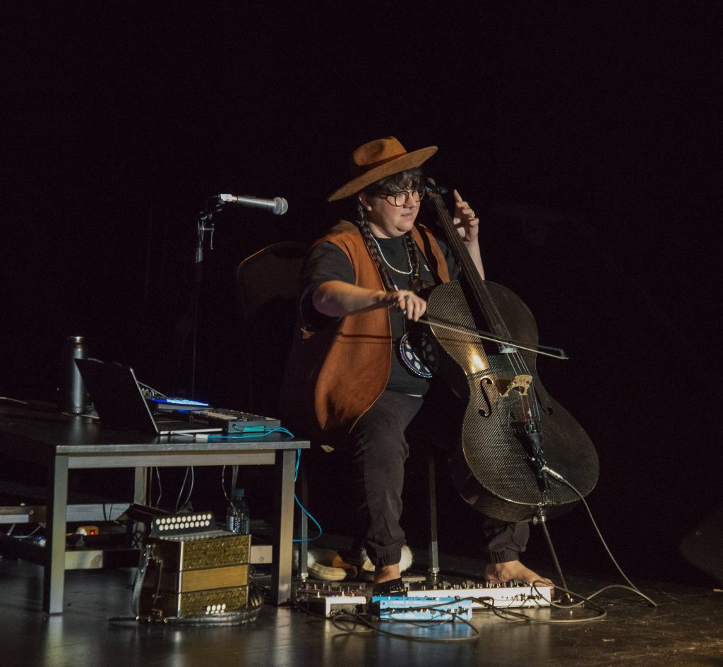 Cris Derksen improvising electro and cello, while uaerneeq takes over the audience.